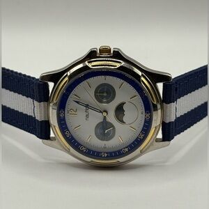 Nautica Vintage Moon Phase Watch 39mm Unisex Blue White Nylon Band (New Battery)